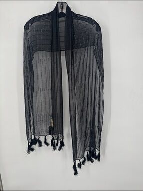 Shimmer‎ Sheer Black Beaded Tassel Scarf Summer Stole FRANGI NWT